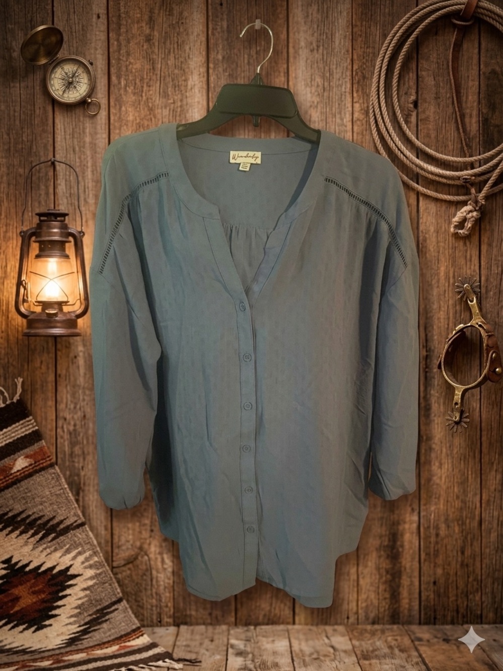 Wonderly Slate Blue Button-Front Blouse